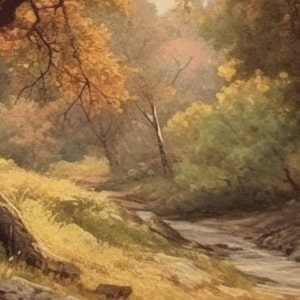 May include: A painting of a forest scene with a stream running through it. The trees are mostly green and brown, with some yellow leaves. The stream is clear and flowing over rocks. The painting is done in a realistic style.