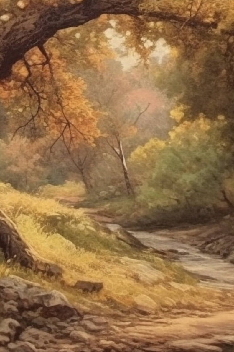 May include: A painting of a forest scene with a stream running through it. The trees are mostly green and brown, with some yellow leaves. The stream is clear and flowing over rocks. The painting is done in a realistic style.