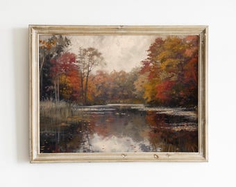 Vintage Fall Landscape Art Download, Autumn Pond Oil Painting, Rustic Farmhouse Printable Wall Decor, Country Art for Fall, Digital Print