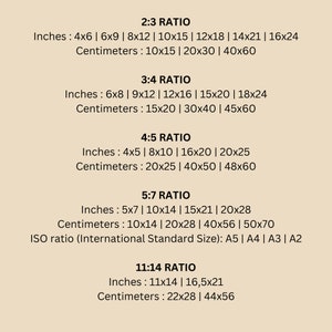 May include: A chart showing common aspect ratios for images and their corresponding measurements in inches and centimeters. The ratios include 2:3, 3:4, 4:5, 5:7, and 11:14. The chart also includes the ISO standard sizes for paper, which are A5, A4, A3, and A2.