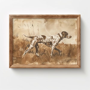 May include: A sepia-toned illustration of a brown and white spotted dog walking through tall grass. The dog is in profile, looking to the right, and has a brown leather collar.