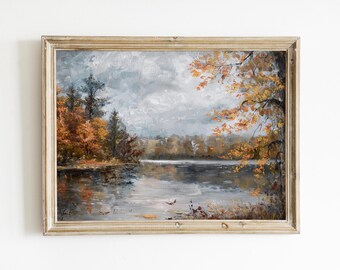 Vintage Fall Landscape Art Download, Autumn Pond Oil Painting, Rustic Farmhouse Printable Wall Decor, Country Art for Fall, Digital Print