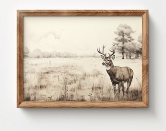 Vintage Deer Sketch Print, Hunting Digital Printable Wall Art Download for Boys Room Nursery, Rustic Farmhouse Artwork Decor, Downloadable