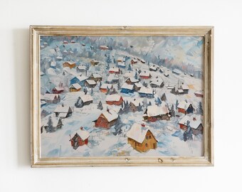 Vintage Winter Village Print Download, Christmas Town Covered in Snow Oil Painting Printable, Antique Wall Art Print, Snowy Landscape