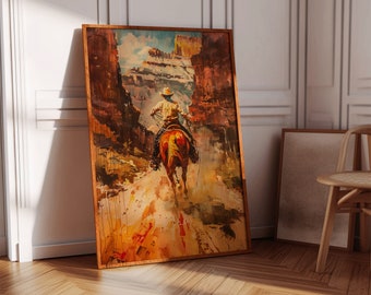 Western Wall Art Download, Cowboy Oil Painting Printable, Southwestern Decor, Vintage Print, Rustic Antique Digital Boys Room Art