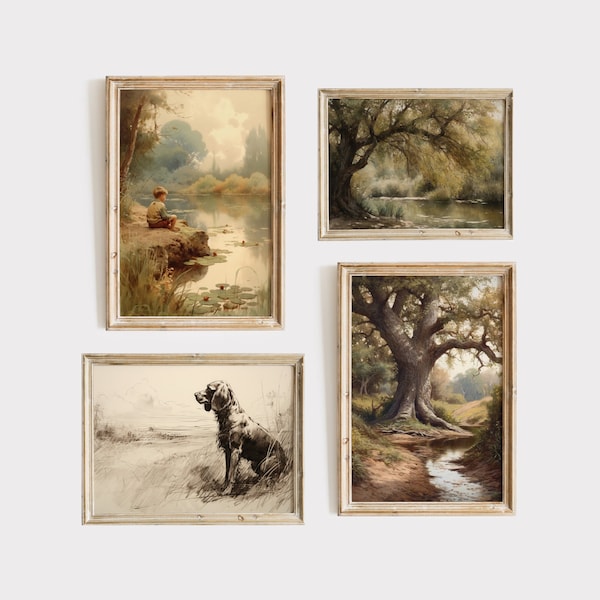 Vintage Boys Room Art Bundle, Set 0f 4 Digital Download, Printable Wall Decor, Boy Nursery, Nature Tree Dog, Kids, Rustic Painting