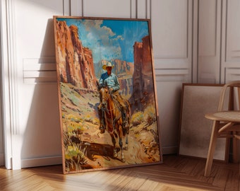 Western Wall Art Download, Cowboy Oil Painting Printable, Southwestern Decor, Vintage Print, Rustic Antique Digital Boys Room Art