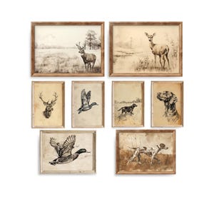 Boys Room Wall Art Bundle, Hunting Decor, Cabin Artwork, Rustic Vintage Animal Sketch, Deer Duck Dog Digital Download Printable Nursery Art