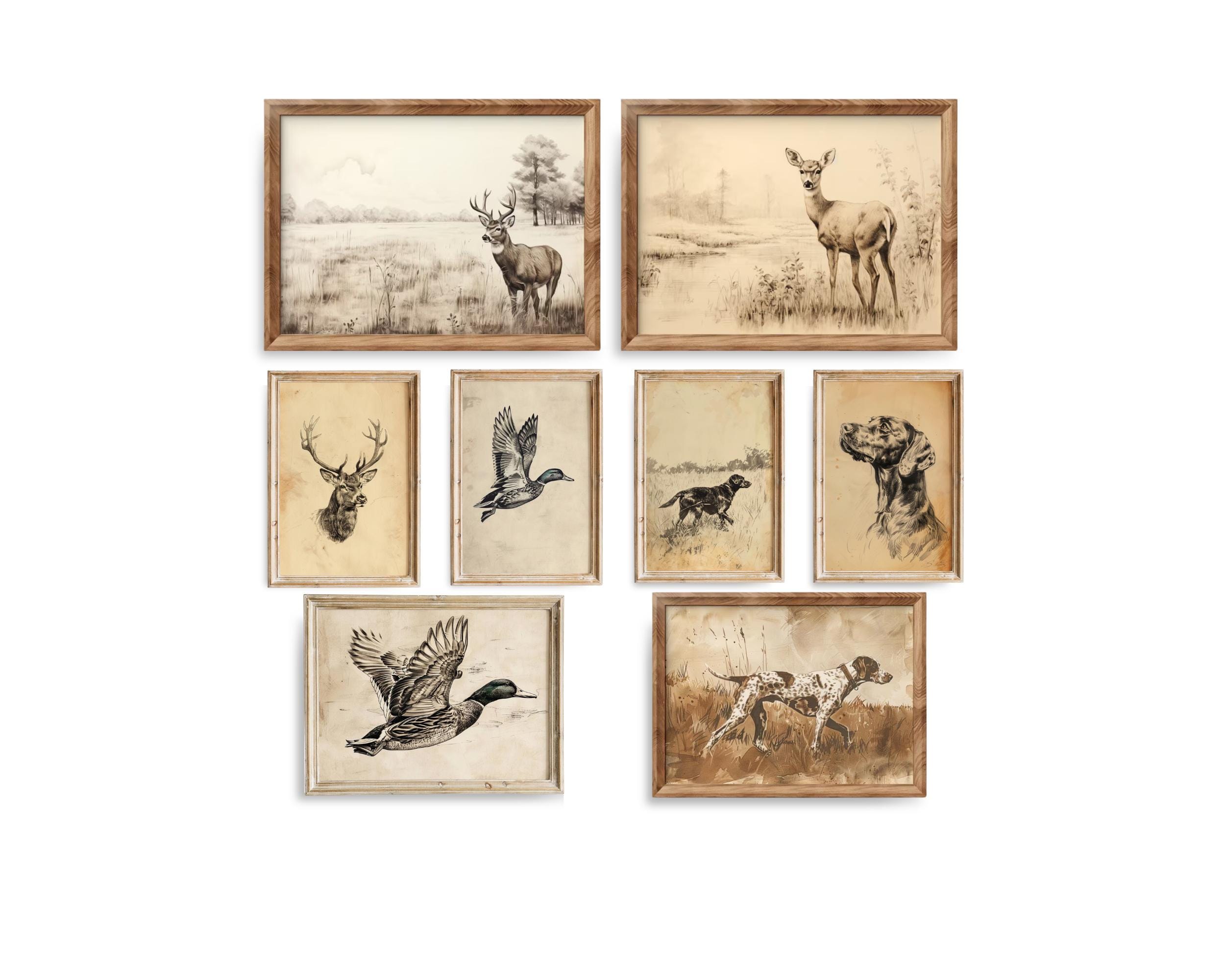 Boys Room Wall Art Bundle, Hunting Decor, Cabin Artwork, Rustic Vintage Animal Sketch, Deer Duck Dog Digital Download Printable Nursery Art