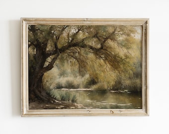 Vintage Landscape Painting Download | Oak Tree Pond Neutral Muted Colors | Printable Wall Art | Digital Print | Antique Rustic Décor