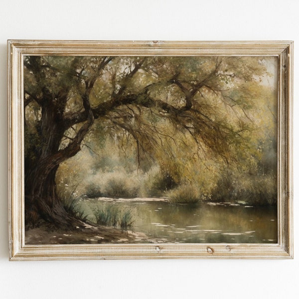 Vintage Landscape Painting Download | Oak Tree Pond Neutral Muted Colors | Printable Wall Art | Digital Print | Antique Rustic Décor