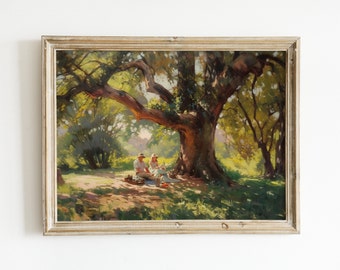 Picnic Under Tree Vintage Oil Painting Download | Printable Wall Art | Digital Print Rustic Antique Art
