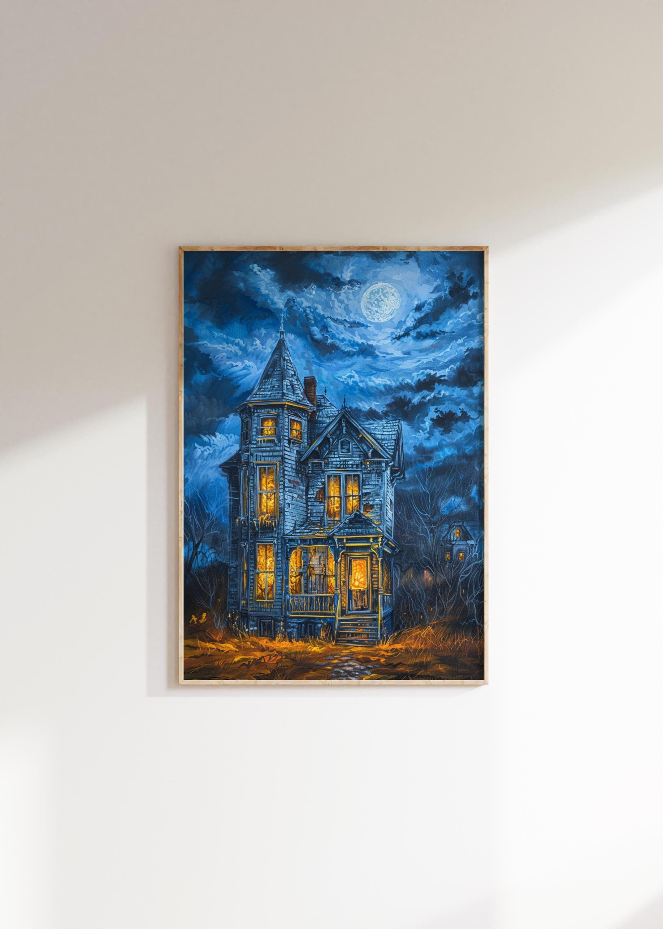 Halloween Wall Art Download, Haunted House Painting, Spooky Fall Decor, Autumn Artwork Digital Print, Dark Academia Moody Decoration