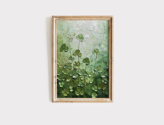 Vintage St Patrick's Day Art Download, Clover Oil Painting, Shamrock Printable Wall Art, Digital Print, Green Spring Decor