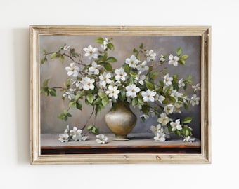 ヴィンテージの白い花の絵画のダウンロード、花の壁アート、デジタルプリント、印刷可能な壁の装飾、農家の素朴なアートワーク、リビングルームアート