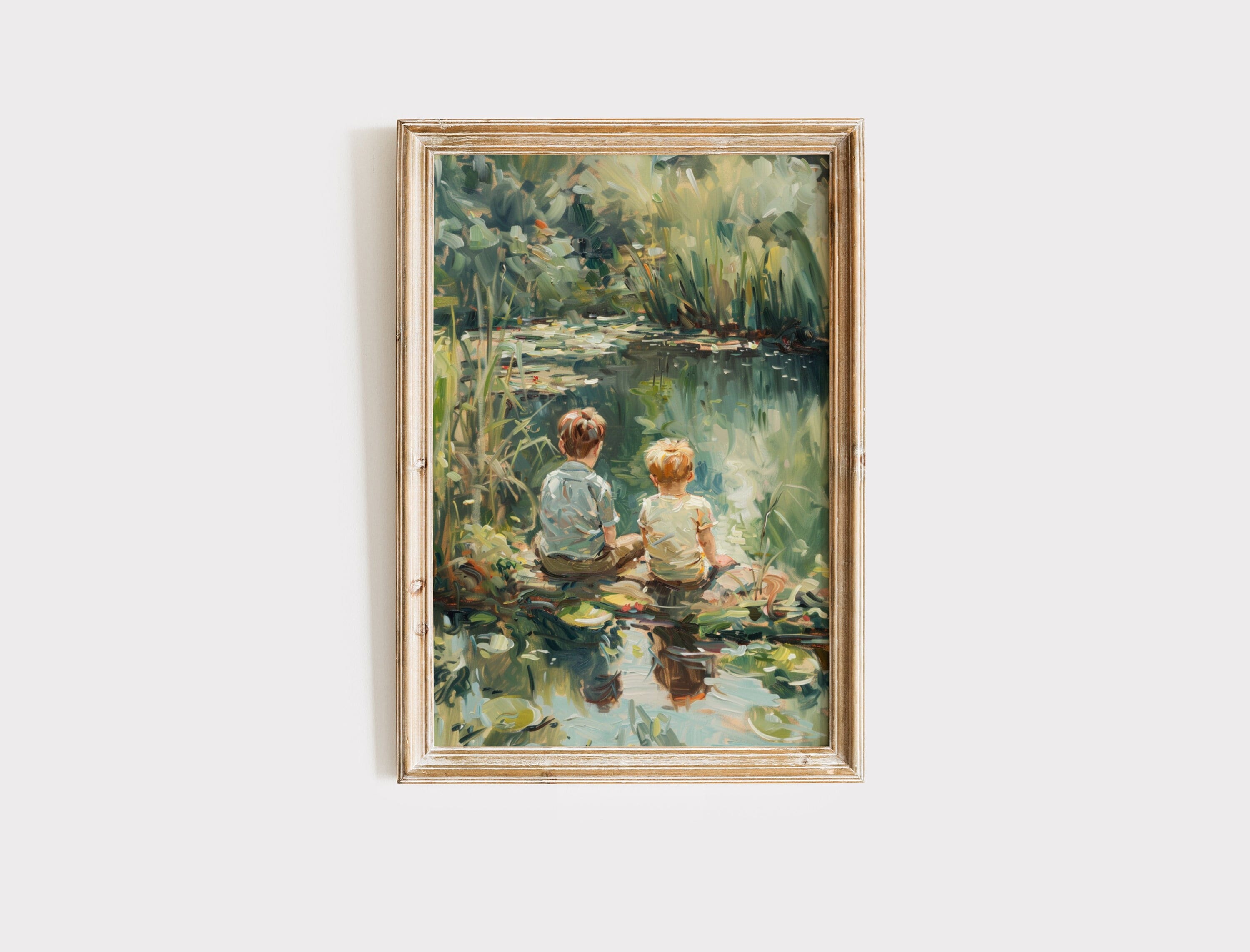 Vintage Boys Room Art, Boy by Pond Oil Painting Download, Digital Print, Printable Wall Art, Nursery Decor, Farmhouse Kids Room Artwork