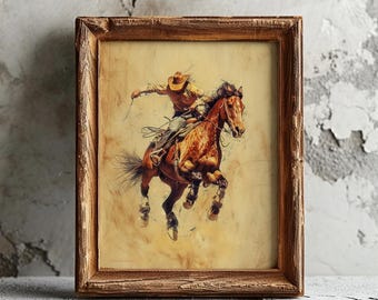 Vintage Western Wall Art, Cowboy Print for Boys Room, Printable Wall Decor, Cowboy Riding Horse Sketch, Kids Room Artwork, Living Room Art