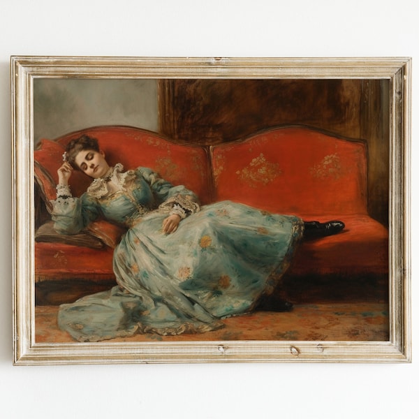 Victorian Woman on Couch Painting Download | Vintage Printable Wall Art | Moody Wall Decor | Girl Laying Down | Bedroom Print | Living Room