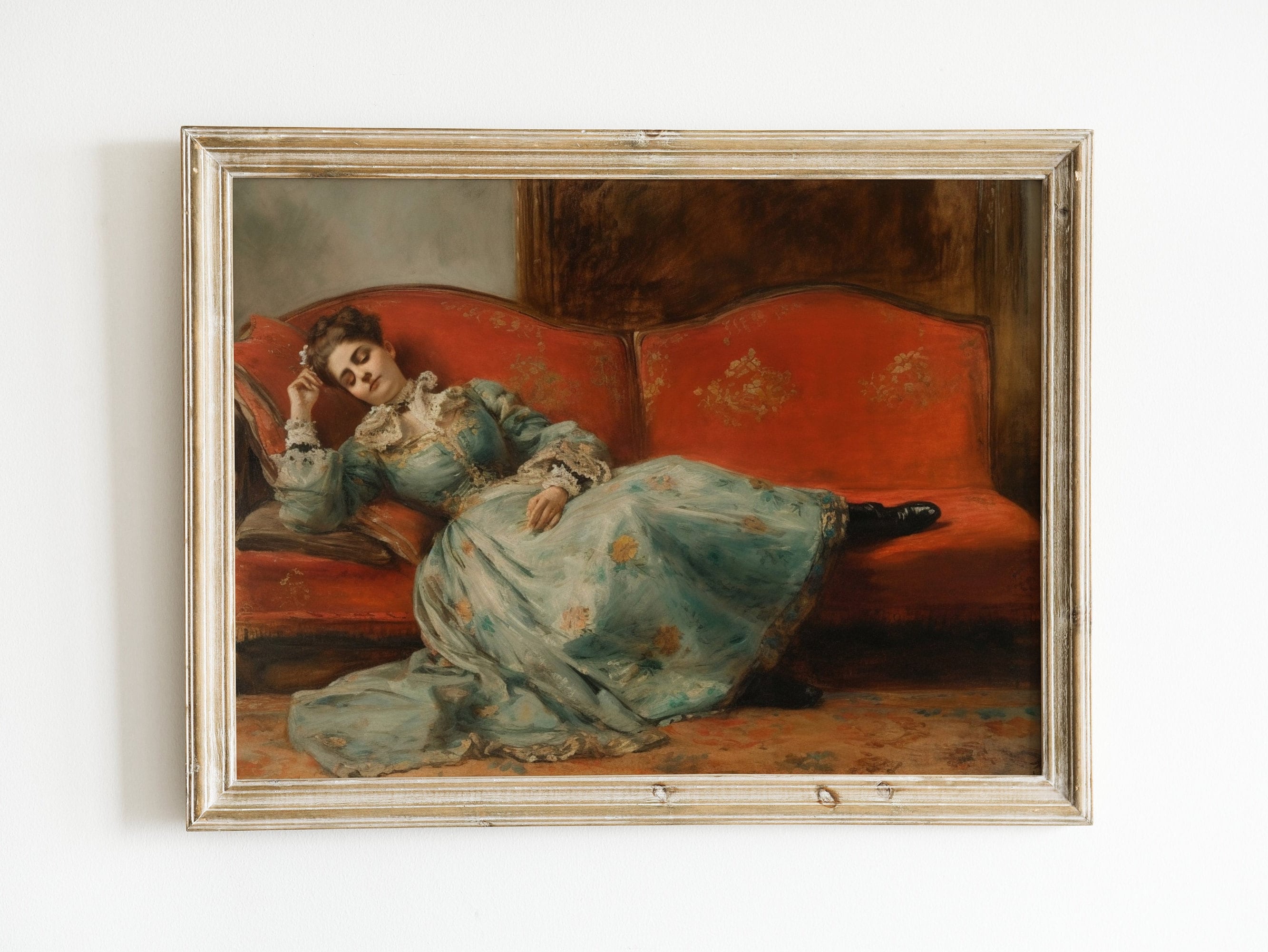 Victorian Woman on Couch Painting Download | Vintage Printable Wall Art | Moody Wall Decor | Girl Laying Down | Bedroom Print | Living Room