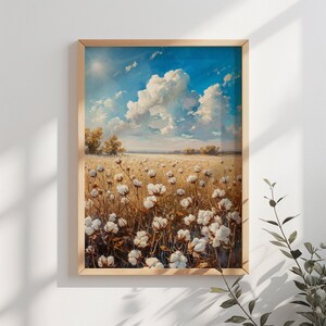 Cotton Field Painting, Digital Download Print, Rustic Farmhouse Decor, Printable Wall Art, Vintage Farm Artwork