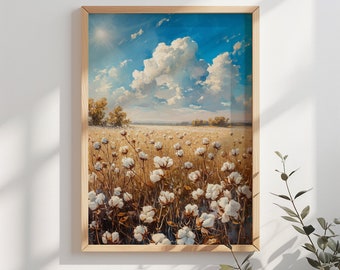 Cotton Field Painting, Digital Download Print, Rustic Farmhouse Decor, Printable Wall Art, Vintage Farm Artwork