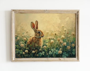 Vintage Rabbit Painting Printable, Bunny Digital Print, Easter Spring Springtime Boys Girls Nursery Art, Antique Farmhouse Decor Artwork