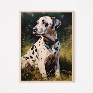 May include: A framed art print featuring a Dalmatian dog sitting in a grassy field. The dog has a white coat with black spots, a black collar, and a black head. The background is a blurred mix of green and brown, suggesting a natural outdoor setting.