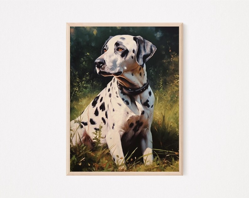 May include: A framed art print featuring a Dalmatian dog sitting in a grassy field. The dog has a white coat with black spots, a black collar, and a black head. The background is a blurred mix of green and brown, suggesting a natural outdoor setting.
