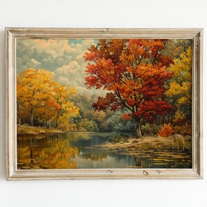 Vintage Fall Landscape Art, Oil Painting Download, Autumn Trees Print, Rustic Farmhouse Country Wall Decor, Printable Artwork Decoration