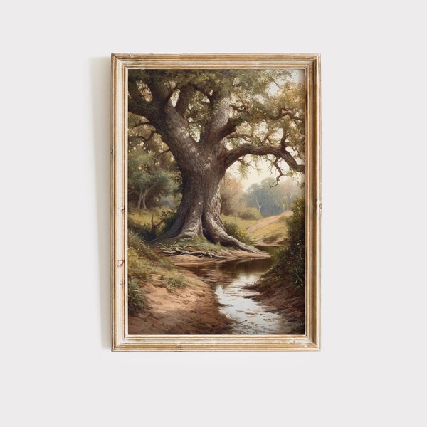 Vintage Landscape Painting Download | Oak Tree Stream Creek Neutral Muted Colors | Printable Wall Art | Digital Print | Antique Rustic Décor