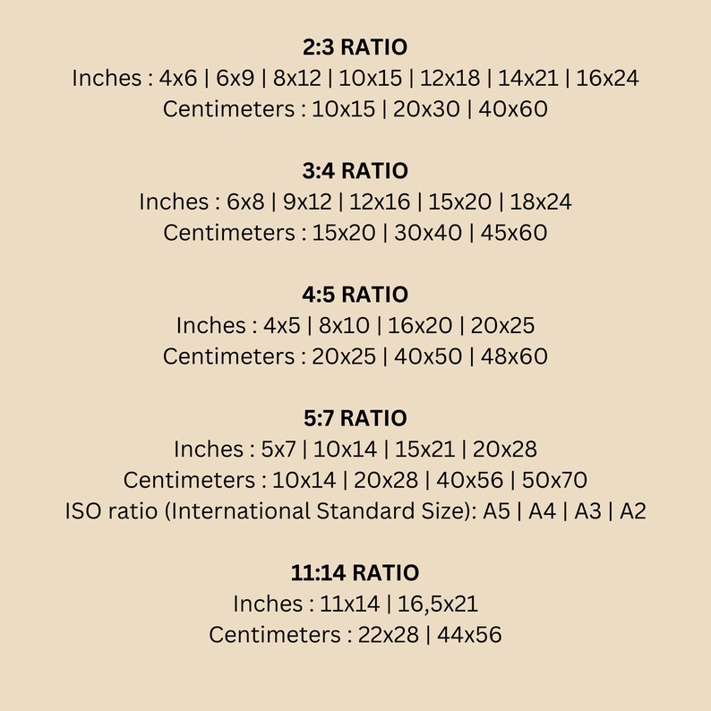 May include: A chart showing common aspect ratios for images and their corresponding measurements in inches and centimeters. The ratios include 2:3, 3:4, 4:5, 5:7, and 11:14. The chart also includes the ISO standard sizes for paper, which are A5, A4, A3, and A2.