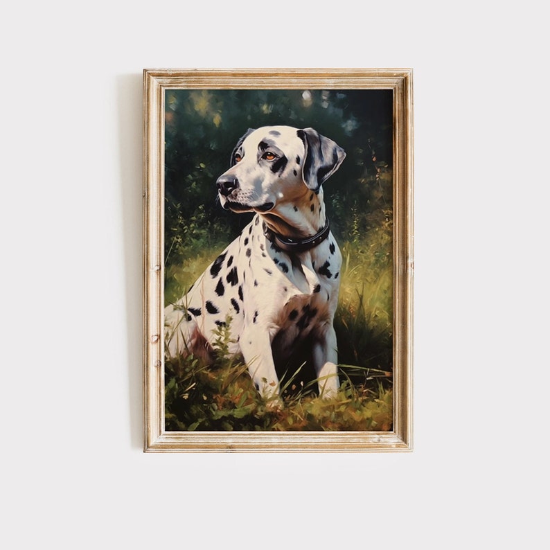 May include: Framed art print of a Dalmatian dog sitting in tall grass. The dog has a white coat with black spots, a black collar, and brown eyes. The artwork is set in a gold-colored frame.