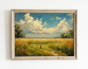 Vintage Rabbit Painting Printable, Bunny Digital Print, Easter Spring Springtime Boys Girls Nursery Art, Antique Farmhouse Decor Artwork