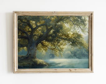 Download di dipinti di paesaggi vintage, stampa digitale di uno stagno di querce, arte murale stampabile, arredamento rustico da fattoria, colori neutri tenui