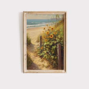 Vintage Beach Landscape Painting Download | Sunflowers Beach Art | Yellow Wildflowers Digital Print | Floral Printable Wall Art Rustic Decor