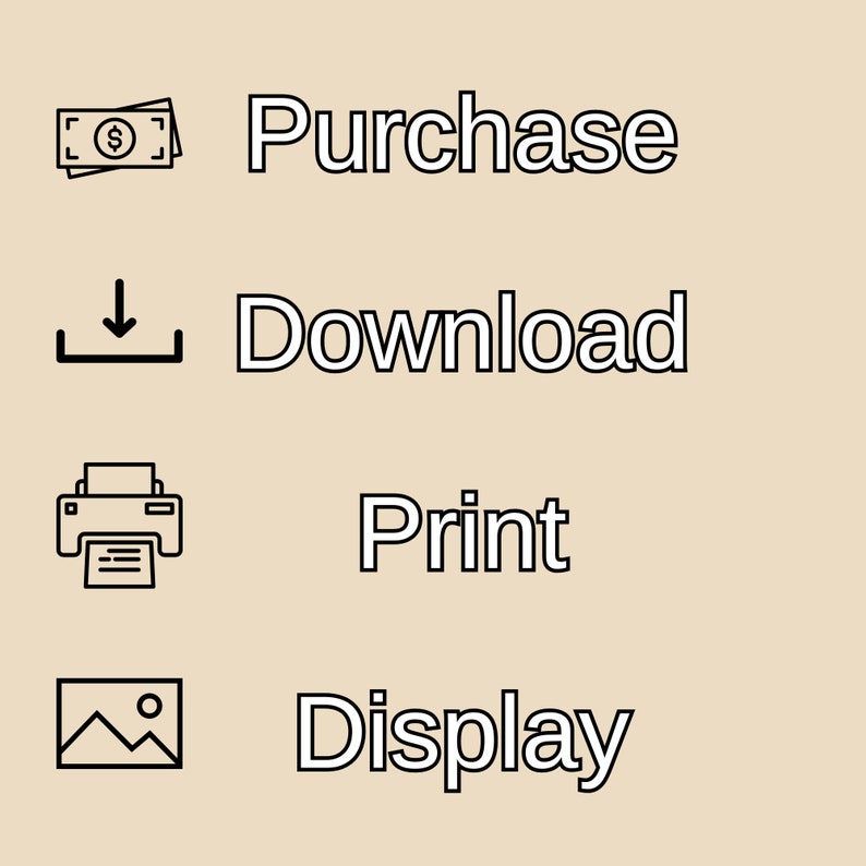 May include: A black and white illustration of a series of steps for purchasing, downloading, printing, and displaying a digital product.