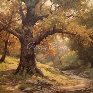 May include: A painting of a large, gnarled tree with a thick trunk and branches reaching towards the sky. The tree stands beside a winding stream in a forest setting. The scene is painted in warm, earthy tones, with hints of green and yellow foliage.