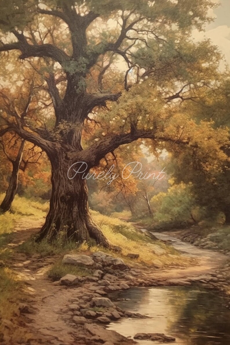 May include: A painting of a large, gnarled tree with a thick trunk and branches reaching towards the sky. The tree stands beside a winding stream in a forest setting. The scene is painted in warm, earthy tones, with hints of green and yellow foliage.