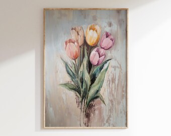 Vintage Tulip Painting Download, Spring Decor Digital Print, Printable Wall Art, Pastel Floral Artwork, Flowers Prints, Tulips Art
