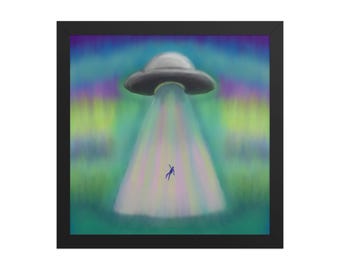 UFO Abduction Art Print, Surreal Dreamcore Wall Art, Framed Poster Decor