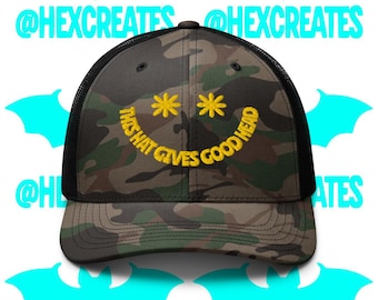 Camo Smiley Gesicht Trucker Cap, Y2K Humor Alternative Streetwear Dad Cap