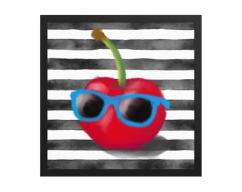 Wiśniowy wydruk pop-art, ilustracja owoców w stylu retro akwarela w ramce z dekoracją dopaminową