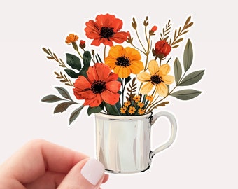 Pretty Flowers in a Mug Vinyl Sticker, Red Poppies Sticker, Wildflower Bouquet of flowers Sticker,  Pretty Sticker, Flower Sticker, Floral