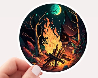Gemütlicher Camping Lagerfeuer Vinyl Aufkleber/Aufkleber, Camping Aufkleber für Laptop, Lagerfeuer Aufkleber, Outdoor Aufkleber für Laptops, cooles Laptop Aufkleber