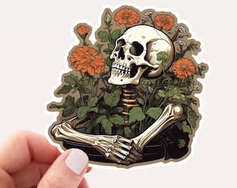 Botanical Skull Vinyl Sticker, Botanical Skeleton, Skull and Flowers Sticker, Halloween Sticker, Skull in Daisies, Pretty Skull Sticker