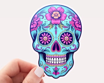 Pretty Blue and Pink Sugar Skull Vinyl Sticker, Sugar Skull Sticker, Halloween Sticker, Colorful, Cute Skull, Retro, Sugar Skulls
