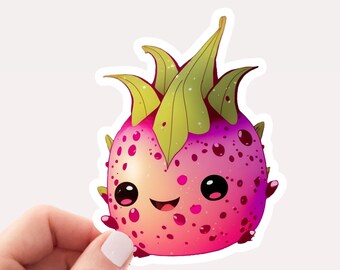 Könnte beinhalten: Ein rosa-grüner Drachenfrucht-Aufkleber mit einem niedlichen Comic-Gesicht. Die Frucht hat einen weißen Hintergrund und ist von einem weißen Rand umgeben.