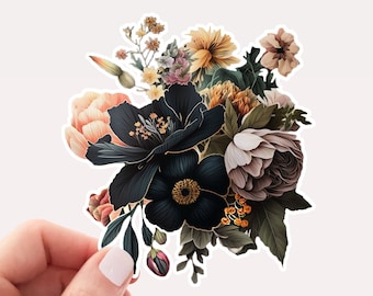 Sticker zwarte bloemen, vinylsticker, zwarte bloem, bloemensticker, bloemsticker, sticker, sticker voor laptop, gotische bloemen