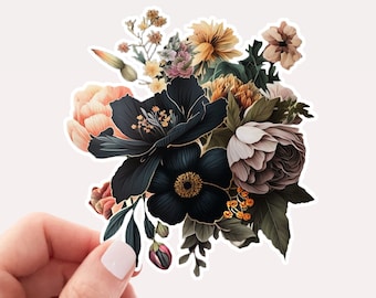 WATERPROOF Black Flowers Sticker, Vinyl Sticker, Black Flower, Floral Sticker, Flower Sticker, Sticker, Sticker for Laptop, Gothic Flowers