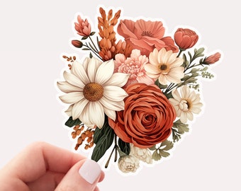 Pretty Orange Flower Bouquet Vinyl Sticker, Orange Flowers, Floral Sticker, Autumn Flower Bouquet Sticker, Rustic Flowers, Fall Colors